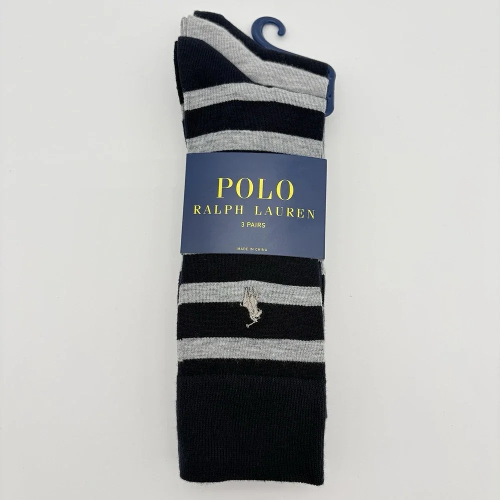 Polo Ralph Lauren Mens Casual Dress Socks 3 Pairs Navy Gray Striped 10-13 Crew